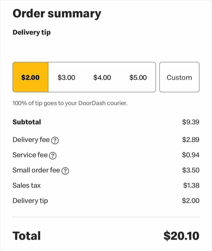 Order summary showing delivery tip options and multiple fees including delivery, service, and small order fees on a food order.