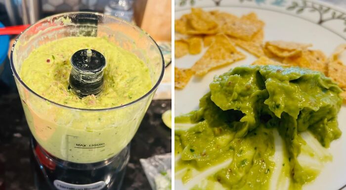 Food processor blending fresh guacamole dip with tortilla chips on a plate, under-the-radar finds for tasty snacks.