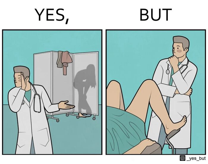 Yes, But comic by Anton Gudim showing a humorous medical scene with a doctor and a patient in two panels.