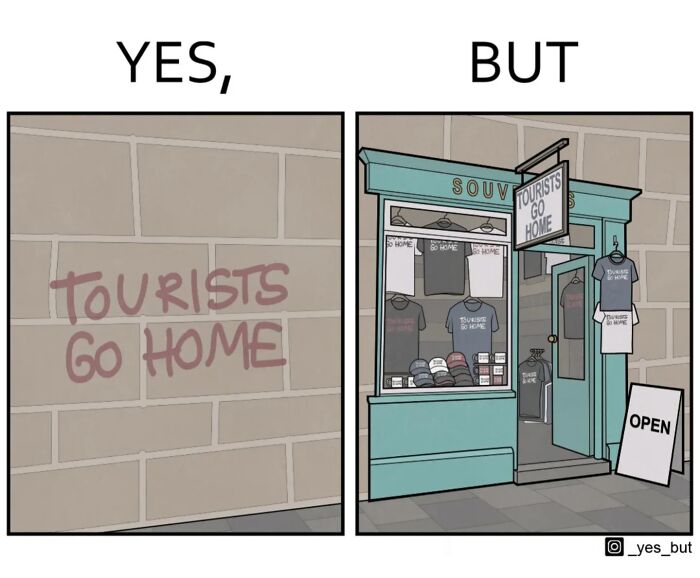 YES, BUT comic by Anton Gudim showing graffiti saying tourists go home and a shop selling related merchandise.