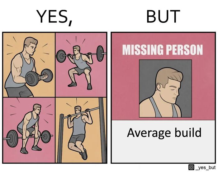 Comic by Anton Gudim showing a muscular man lifting weights with a missing person poster labeled average build.