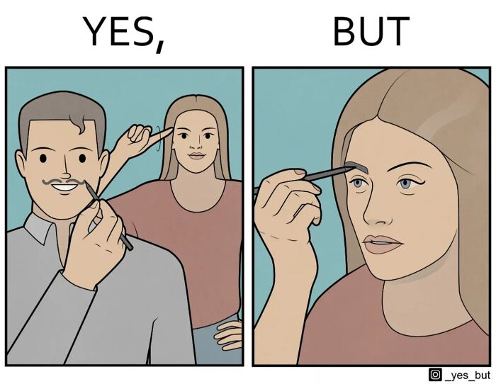 Two-panel comic by Anton Gudim showing a man drawing a mustache and a woman shaping eyebrows in a "Yes, But" comic.