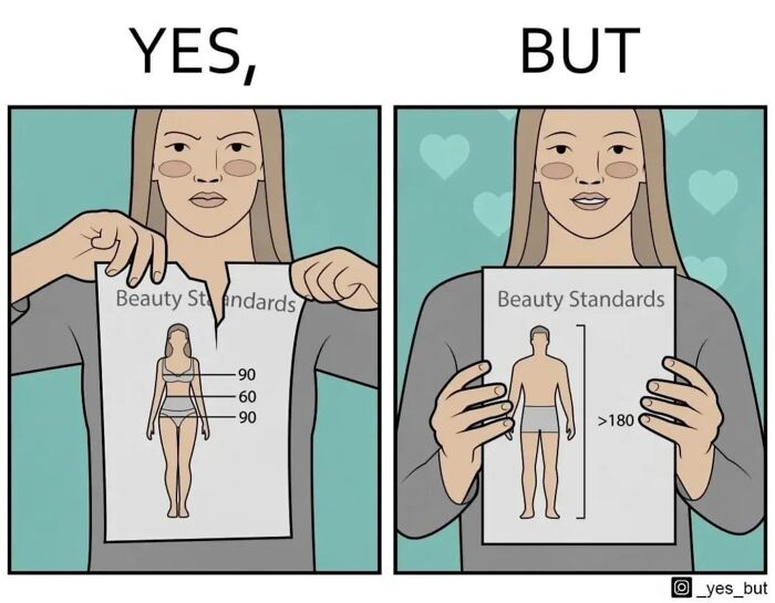 Yes But comic by Anton Gudim showing contrasting beauty standards with a woman tearing and holding papers depicting ideal measurements.