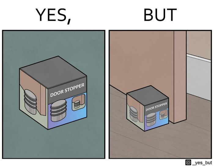 Comic by Anton Gudim showing a door stopper box labeled yes but positioned next to a door frame inside a room.