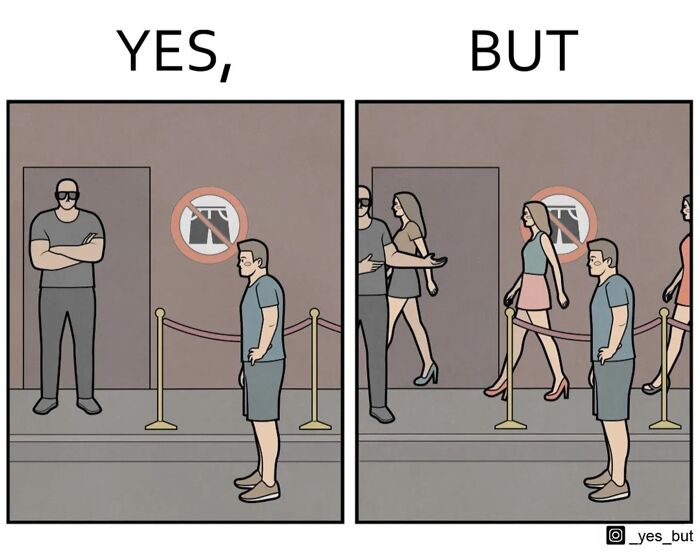Comic panels by Anton Gudim showing a man blocked from entering a club with a no shorts sign in simple yes but style.