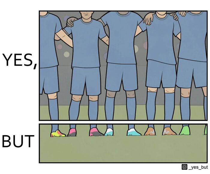 Illustration from Yes But comics showing soccer players with arms around each other, focusing on unity and teamwork.