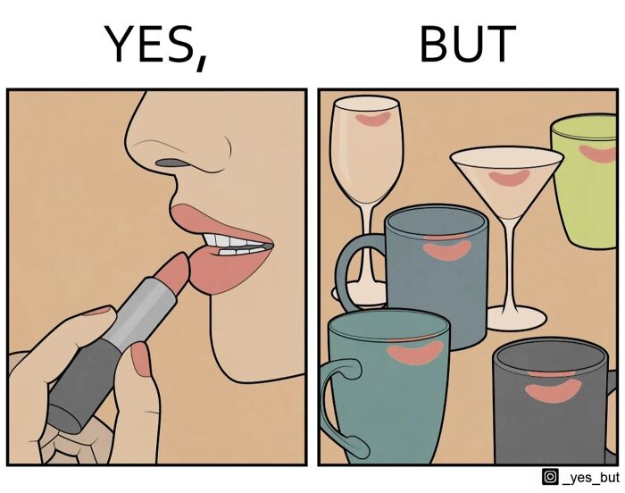 Illustration from Yes But comics by Anton Gudim showing lipstick application and lipstick marks on various cups.