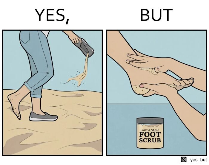 Yes, but comic by Anton Gudim showing a person pouring sand on their foot and using salt and sand foot scrub.