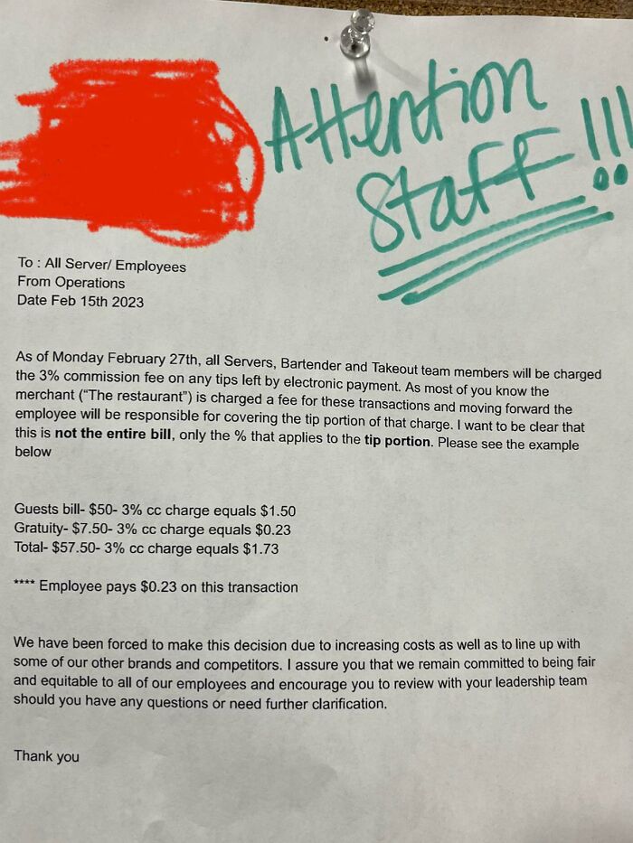 Notice pinned on a bulletin board explaining a 3% commission fee charged to servers on tips, an example of ridiculous fees.