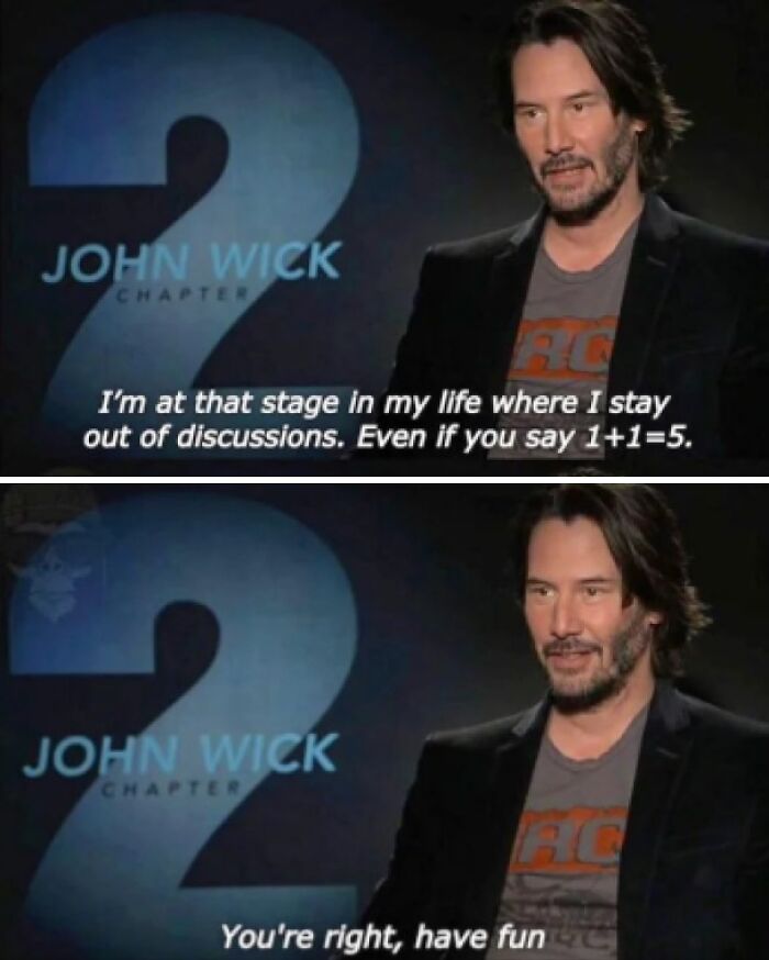 Actor Keanu Reeves in an interview showing suspiciously unbothered attitude with quotes about ignoring discussions.