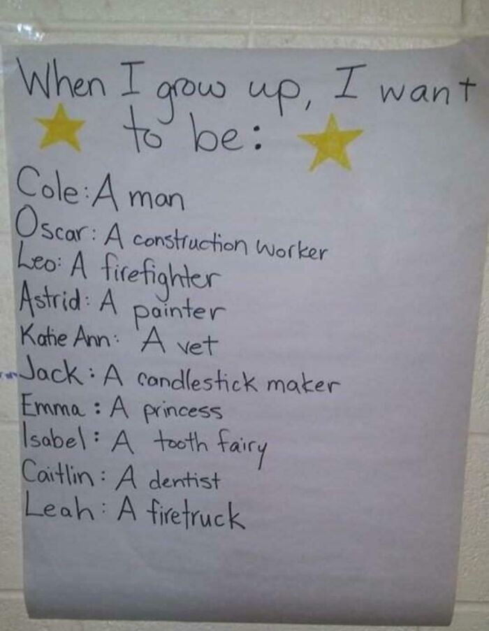 Handwritten list of children's future aspirations showing suspiciously unbothered and humorous answers, including a firetruck.