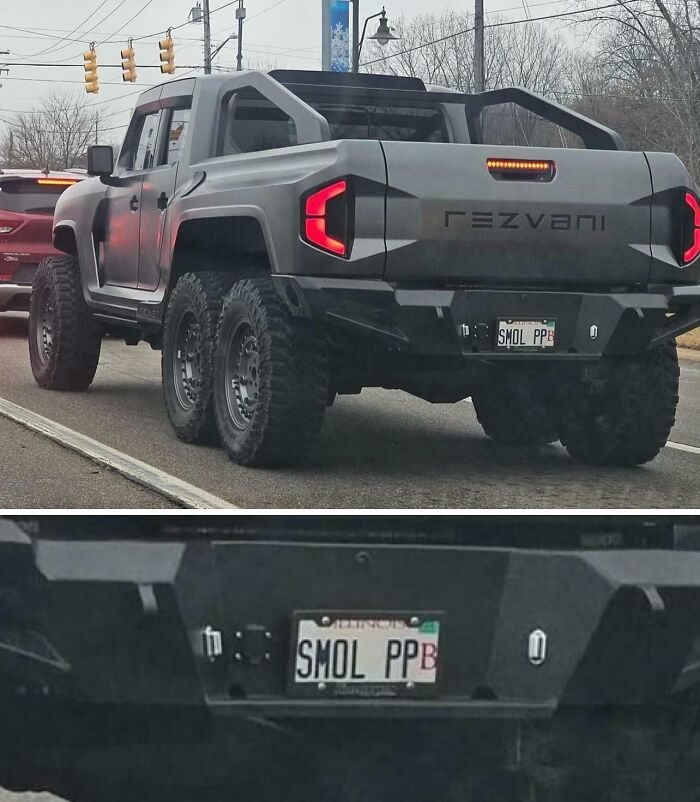 Large six-wheeled Rezvani truck with Illinois license plate reading SMOL PP, showcasing suspiciously unbothered attitude.