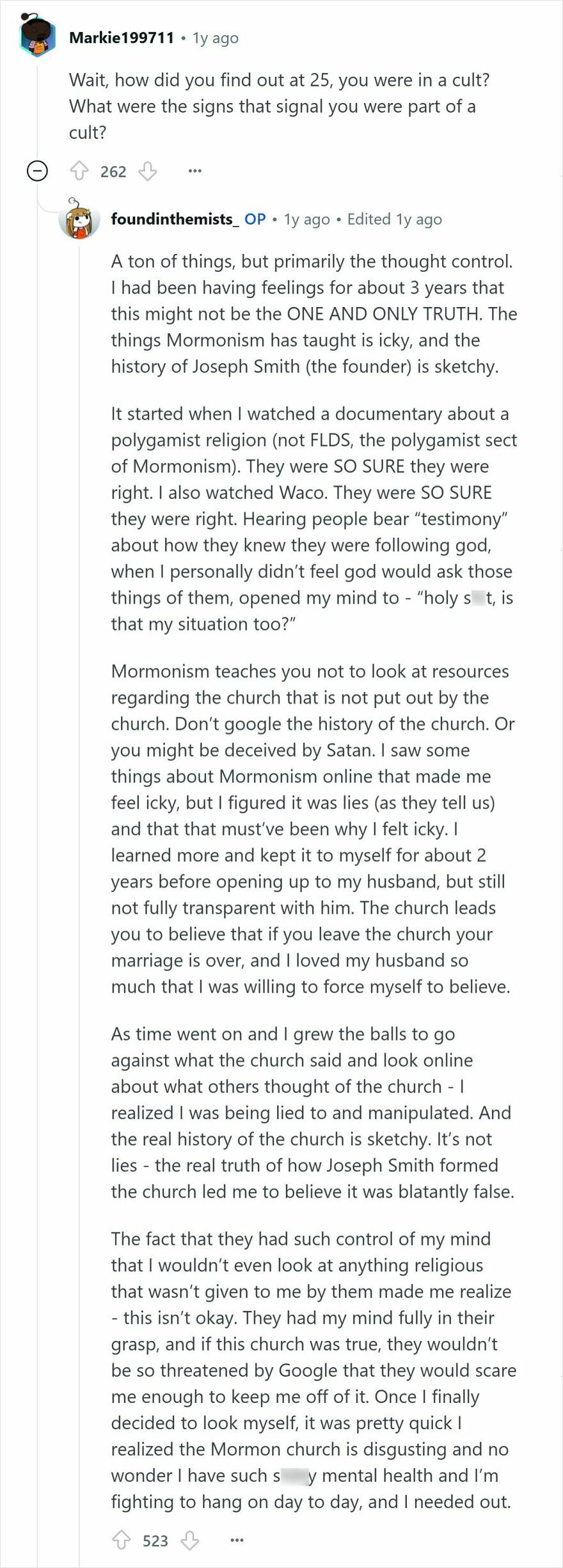 Reddit user shares personal experience revealing Mormonism as a cult, highlighting thought control and misleading church history.