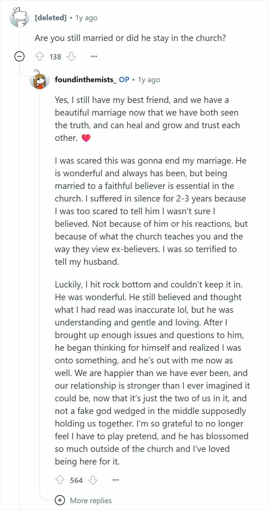 Reddit conversation showing a personal story from someone raised Mormon about leaving the church and realizing it's a cult.