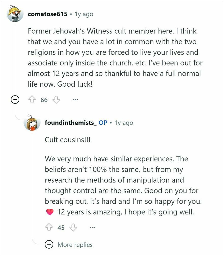 Reddit conversation discussing similarities in manipulation and thought control between Mormon and Jehovah’s Witness cult experiences.