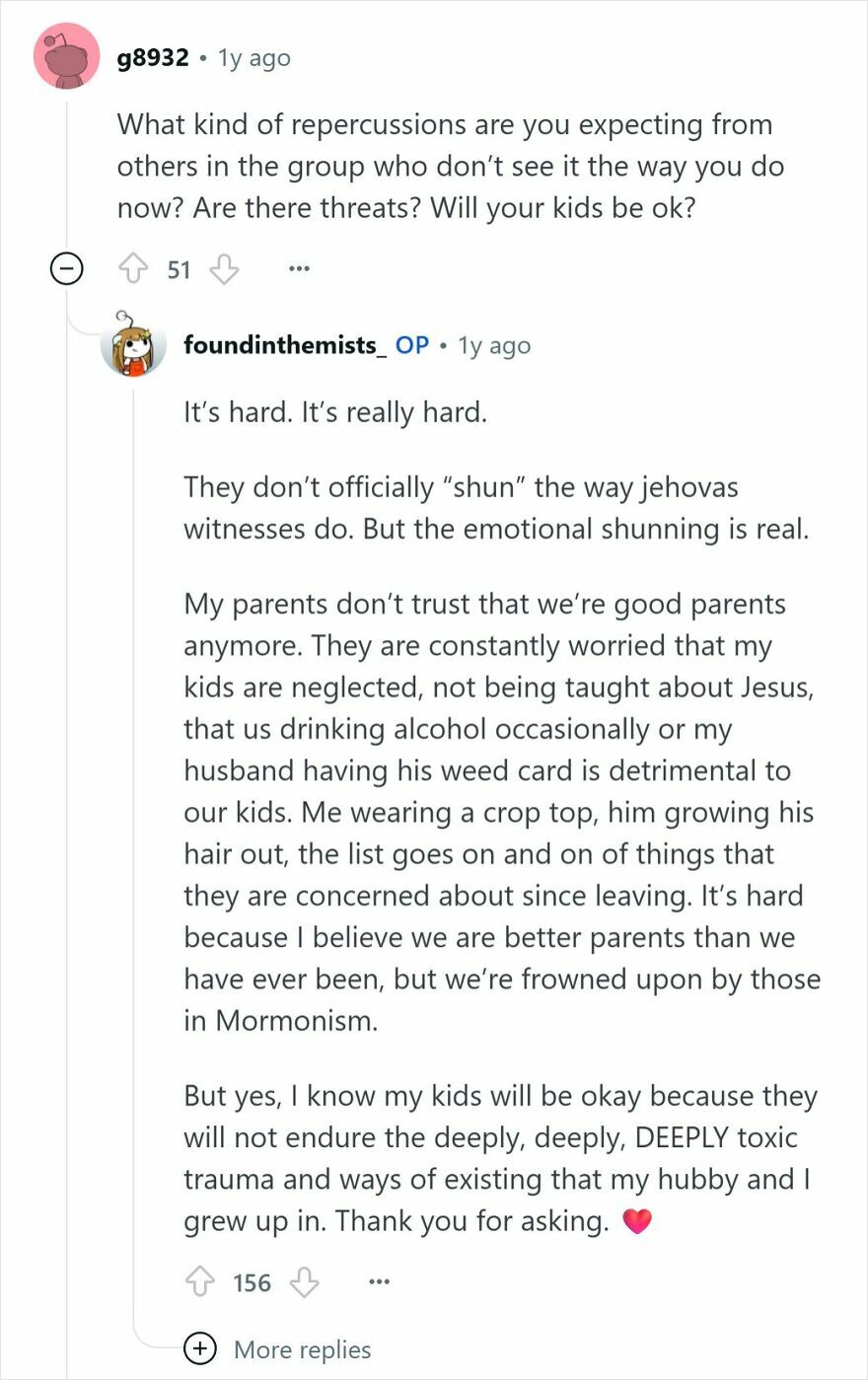 Reddit conversation from people raised Mormon discussing emotional shunning and challenges after leaving the Mormon cult.
