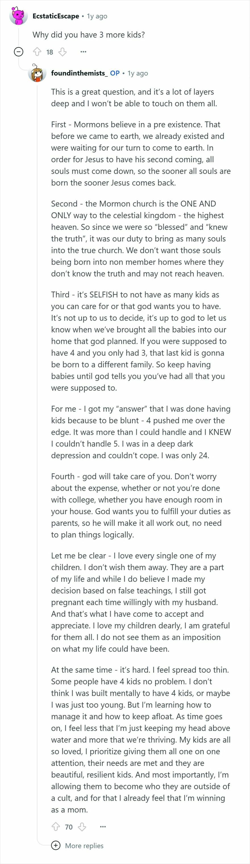 Screenshot of an online discussion where a person raised Mormon explains their experience and views on the Mormon cult.