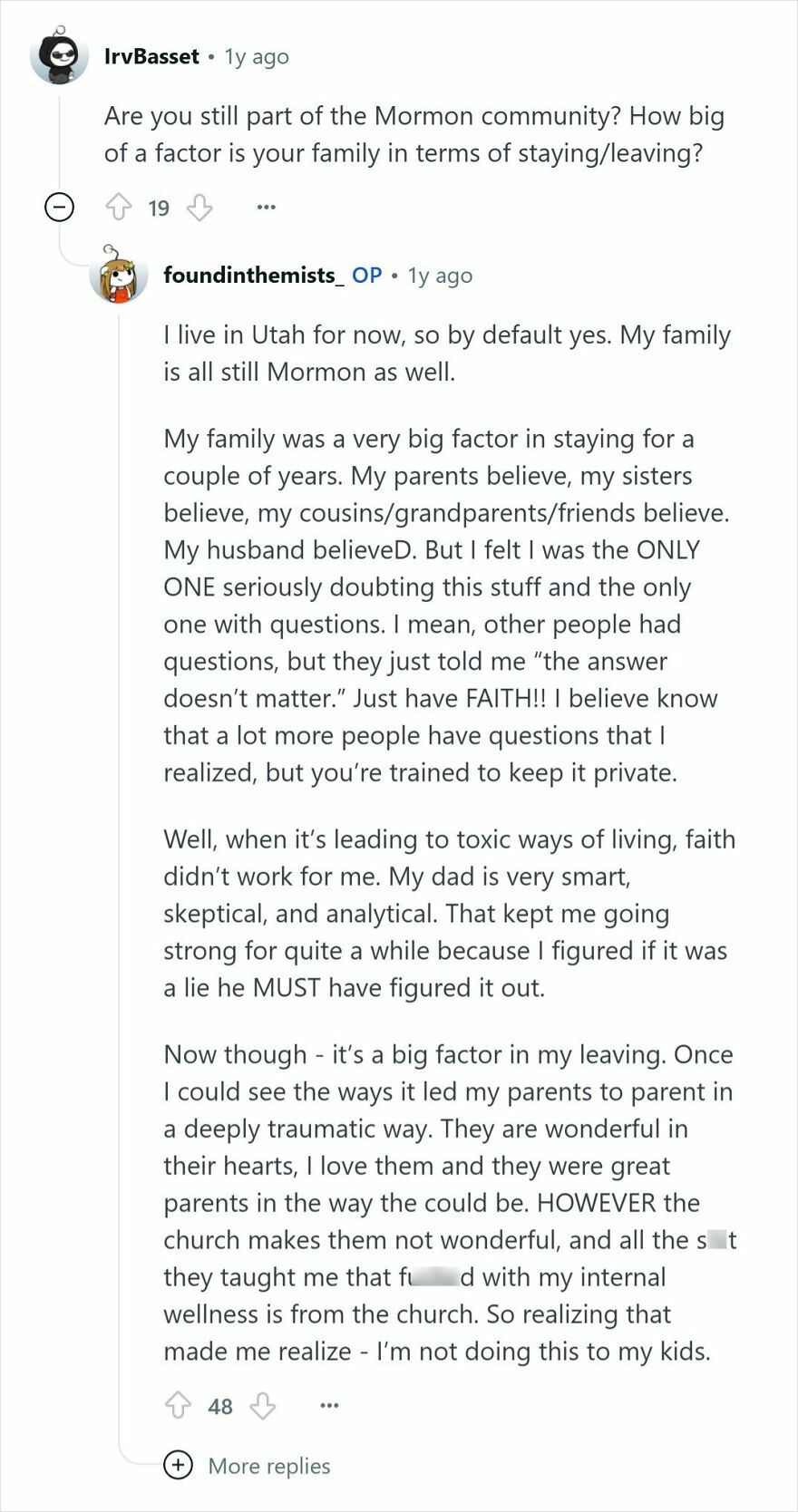 Reddit conversation discussing experiences of people raised Mormon and their views on the Mormon cult and family influence.