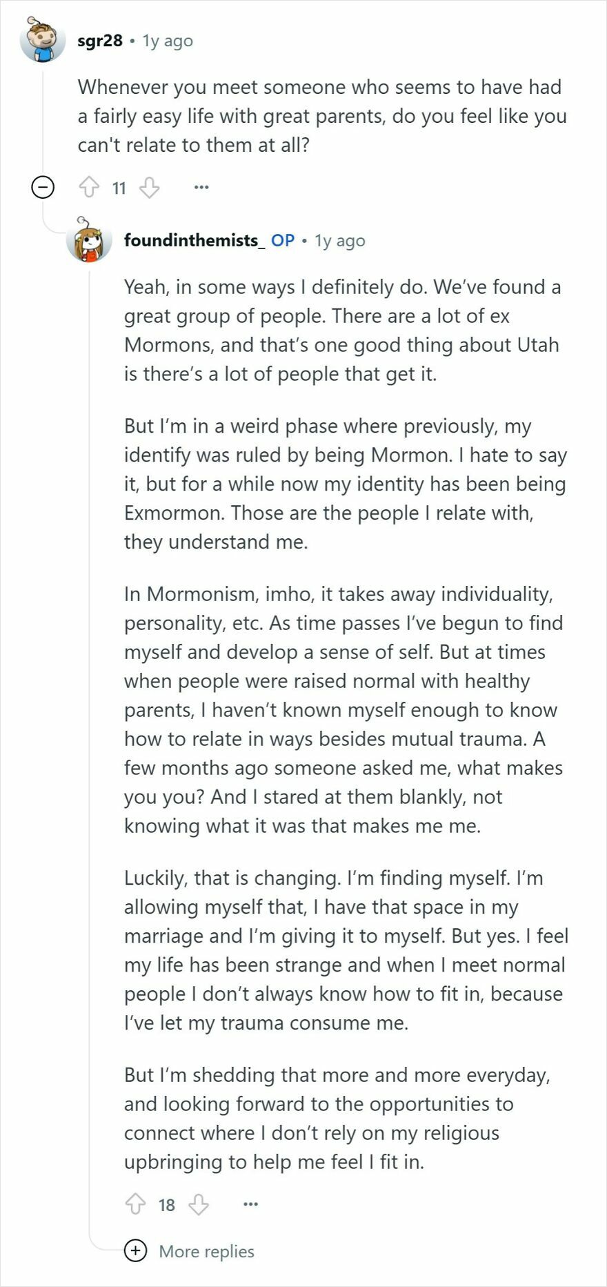 Text conversation discussing experiences of people who were raised Mormon and their views on Mormonism as a cult, identity, and trauma.