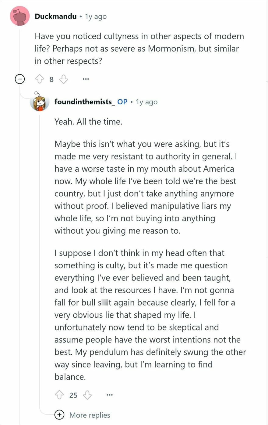 Reddit user discusses culty aspects of Mormonism and how it shaped their skepticism and view on authority.