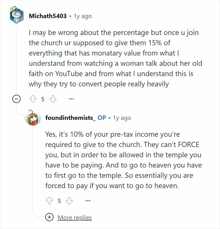 Reddit users discuss mandatory tithing and pressures within the Mormon church in a conversation about cult experiences.