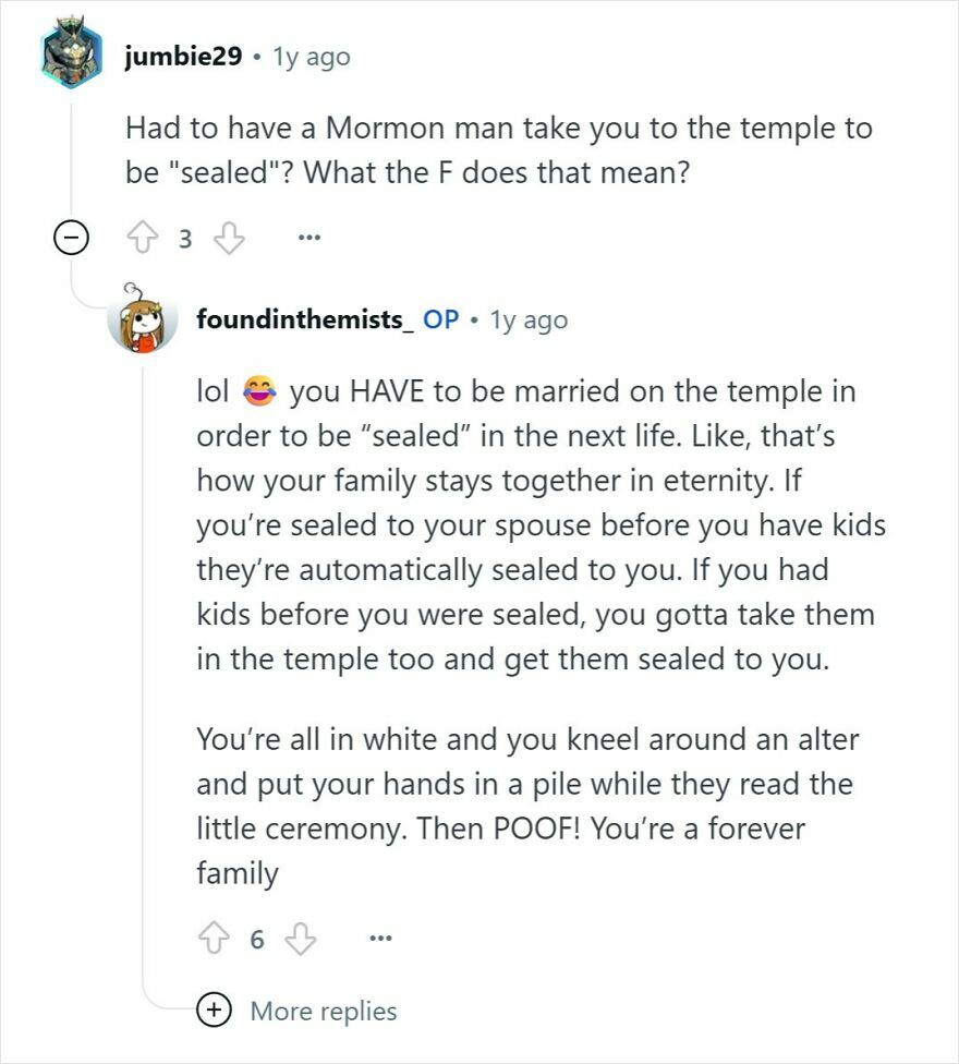 Screenshot of an online conversation discussing Mormon beliefs and experiences from people raised Mormon.