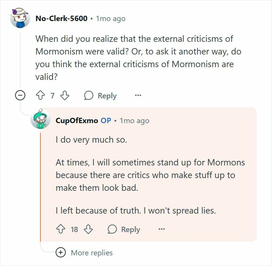 Reddit conversation where a former Mormon explains why external criticisms of Mormonism are valid.