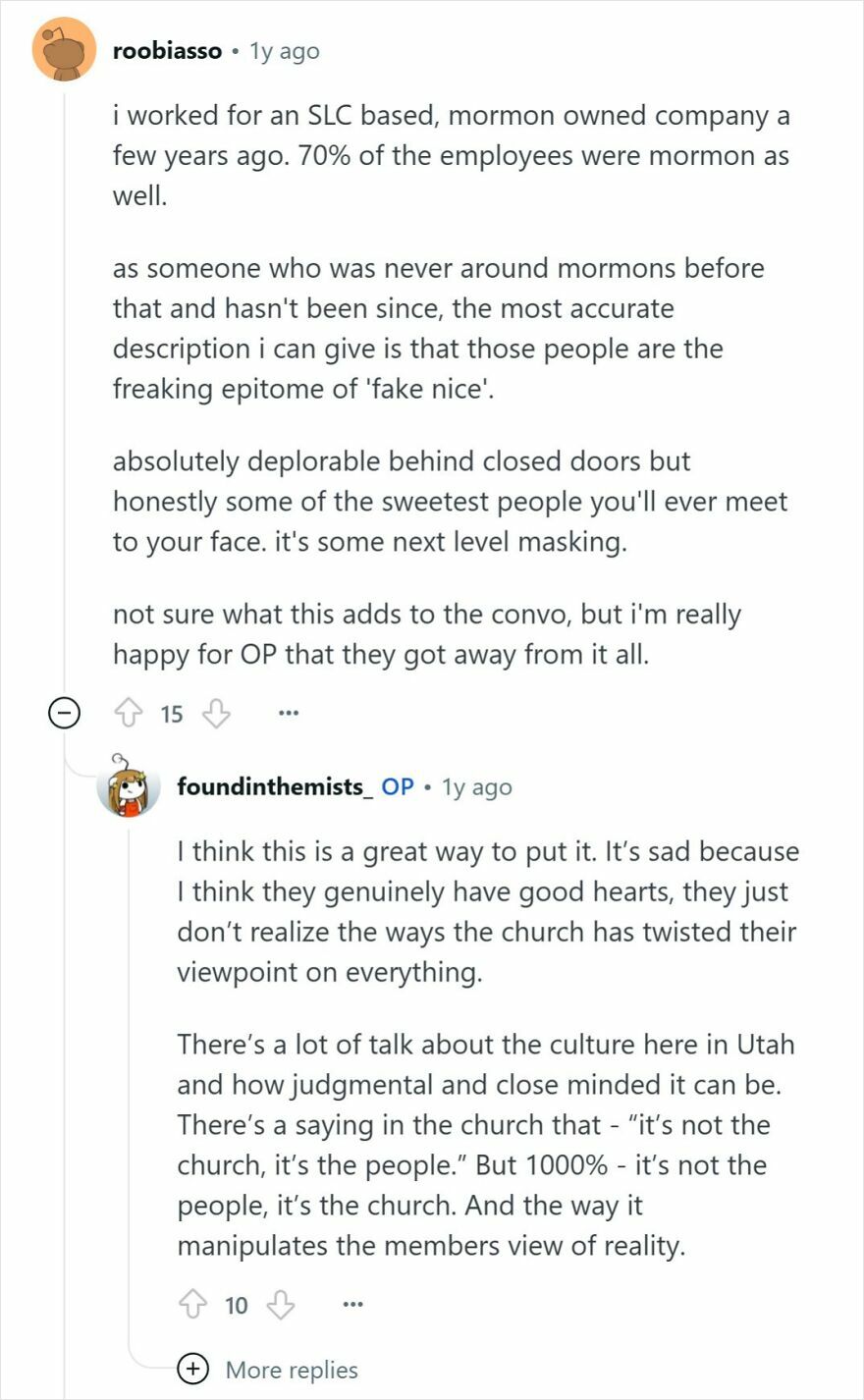 Reddit conversation discussing personal experiences with Mormon culture and perceptions of it as a cult.