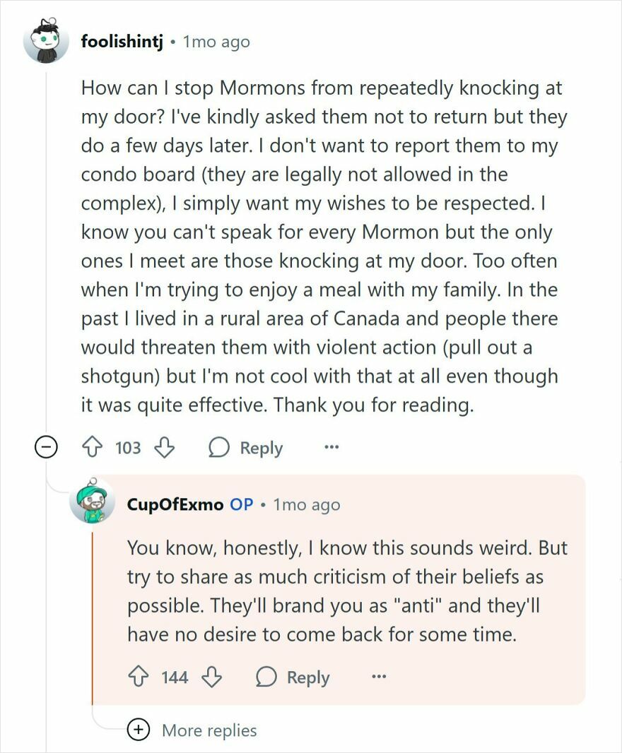 Reddit user discussing how to handle persistent Mormon visitors and sharing criticism of Mormon beliefs online.