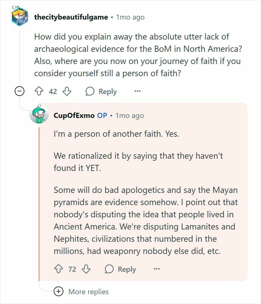 Reddit conversation discussing archaeological evidence and faith by people raised Mormon questioning cult beliefs.