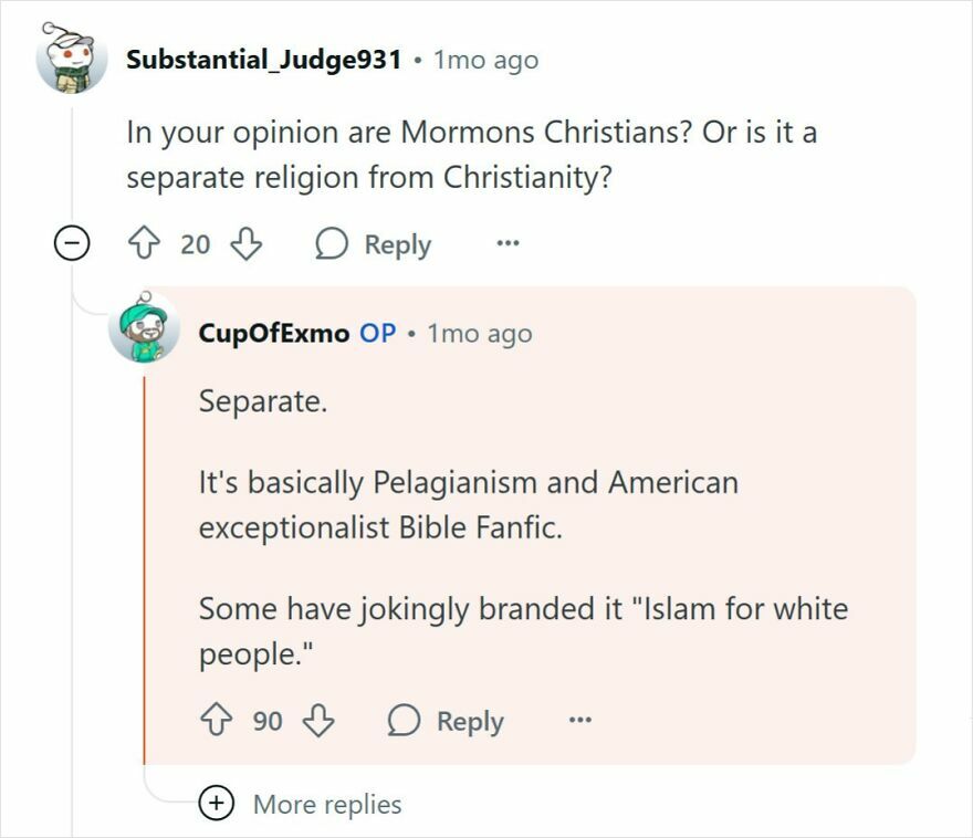 Online discussion about Mormon beliefs, highlighting opinions from people raised Mormon and cult-related questions.