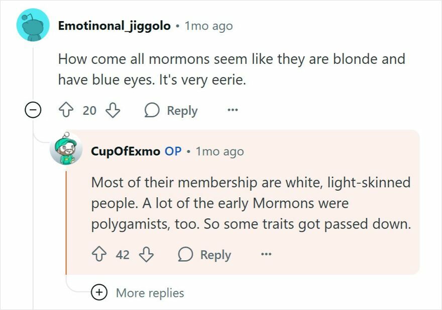 Online discussion about Mormon traits mentioning white membership and polygamist origins in people raised Mormon answers.