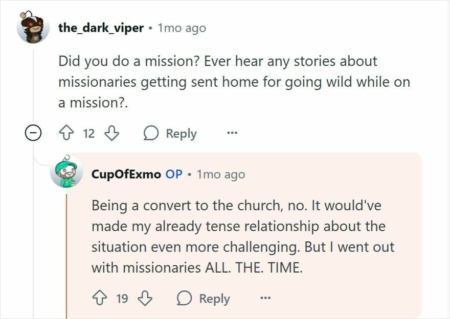Reddit conversation with people raised Mormon discussing experiences and views on the church as a cult.