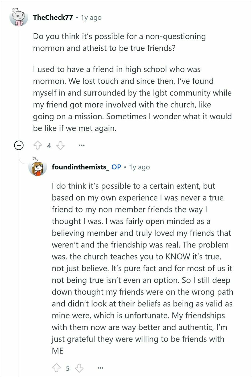 Reddit conversation discussing friendships between Mormons and non-Mormons and experiences raised Mormon about church beliefs.