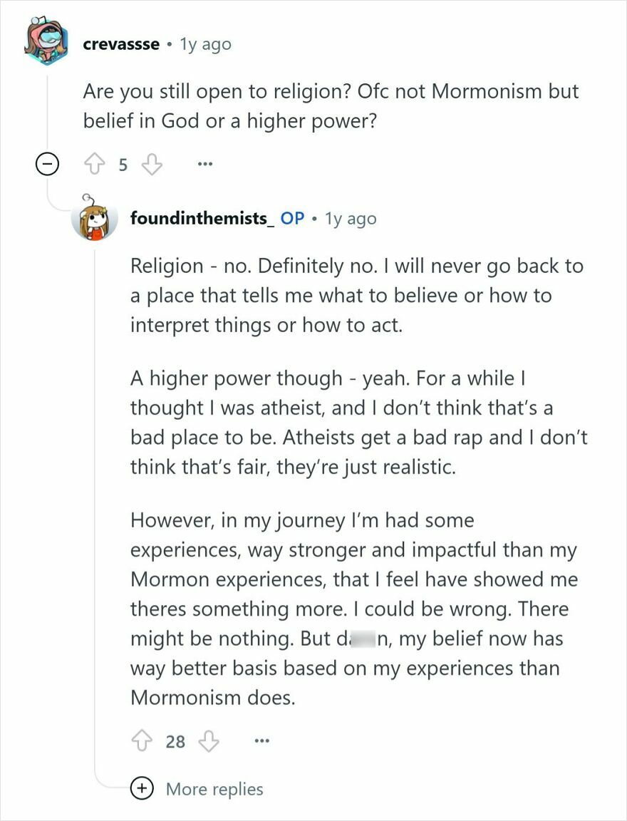 Screenshot of a Reddit conversation discussing experiences raised Mormon and views on Mormonism as a cult and belief in a higher power.