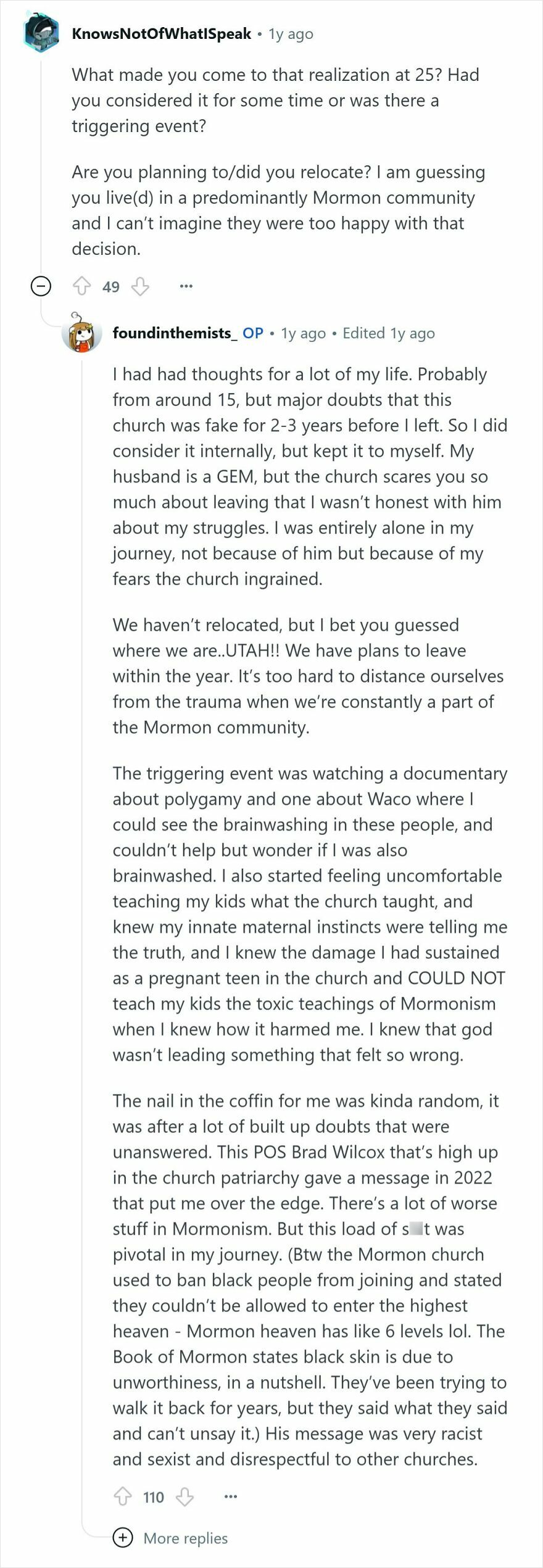 Reddit conversation of people raised Mormon sharing experiences and doubts about the Mormon community and church as a cult.