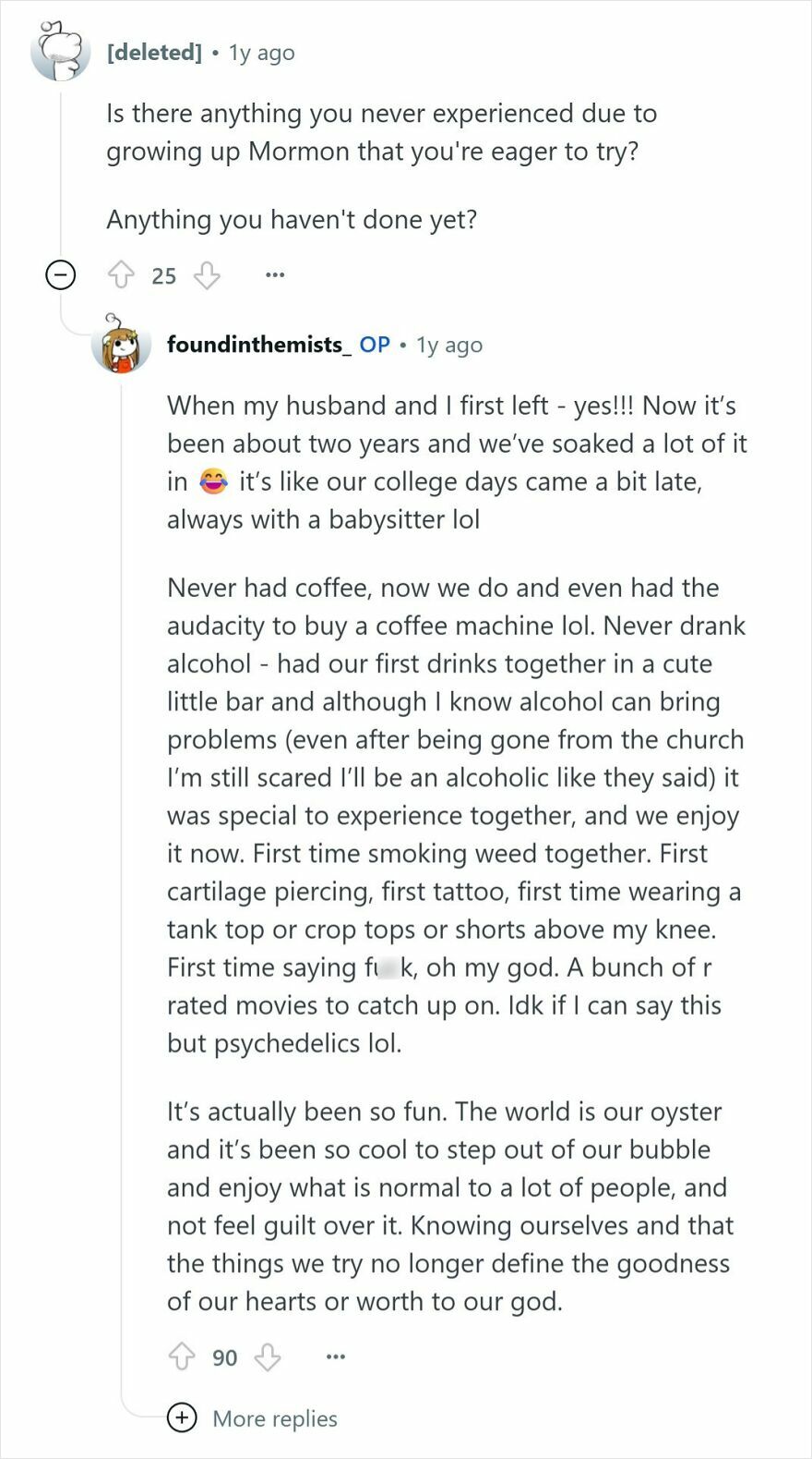 Screenshot of a Reddit thread discussing experiences of people raised Mormon and views on Mormonism as a cult.