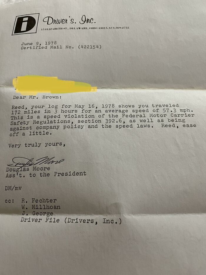 Old typed letter dated 1978 found under floorboards, revealing speed violation details from a log entry.