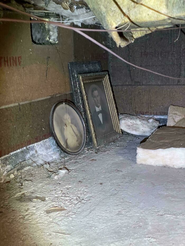 Old dusty floorboards with vintage framed photographs and insulation visible in a hidden space under the floor boards.