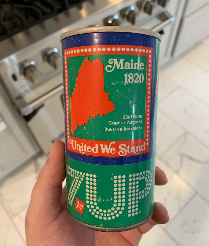 Vintage 7UP can featuring Maine state map from 1820, an exciting fossil under the floor boards discovery in old homes.