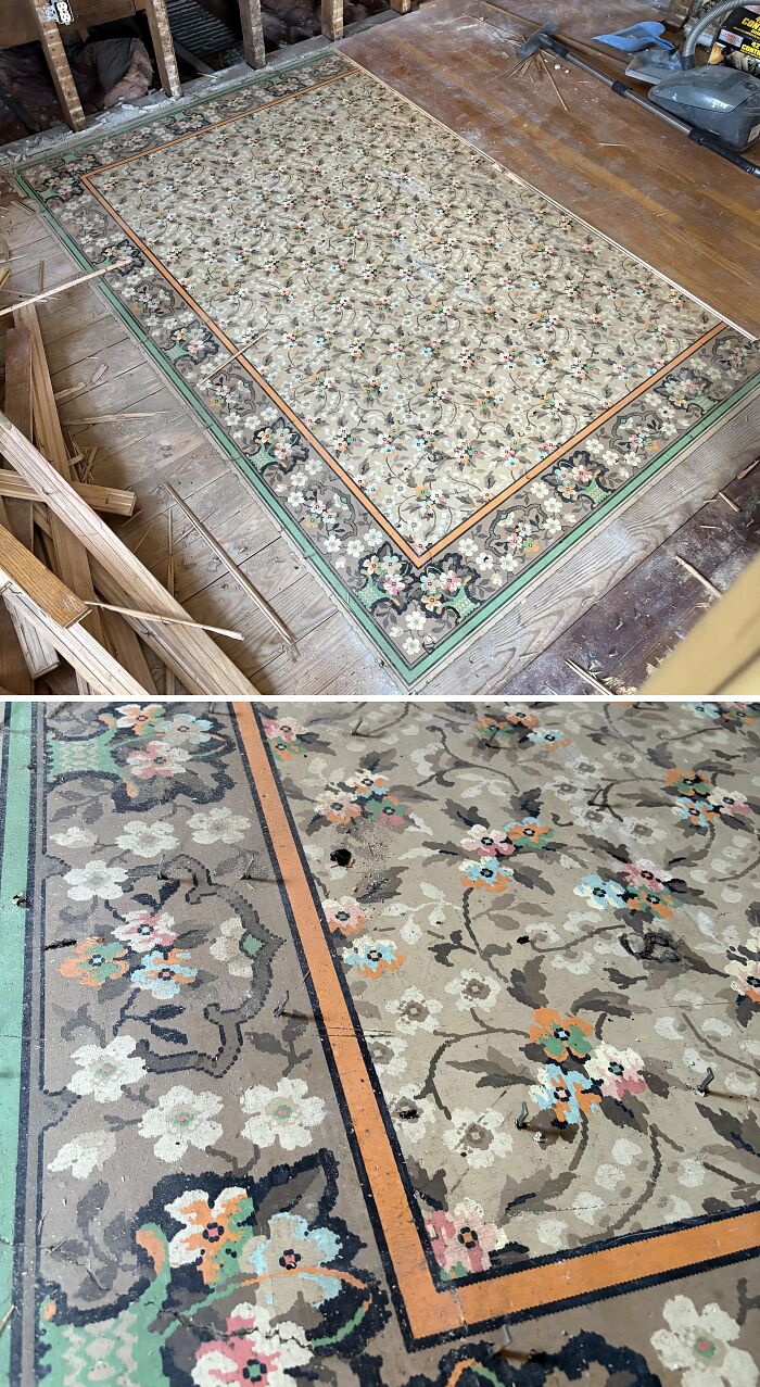 Old floorboards removed to reveal vintage floral patterned underfloor covering in an old home renovation discovery.