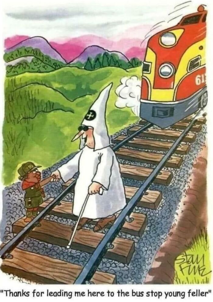 Cartoon showing cringy humor with a K**********n member and a child on train tracks, highlighting boomer internet jokes.