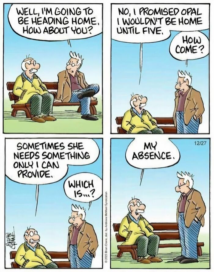 Cartoon of two older men on a bench sharing a cringy joke about absence, highlighting boomer humor and internet culture clash.