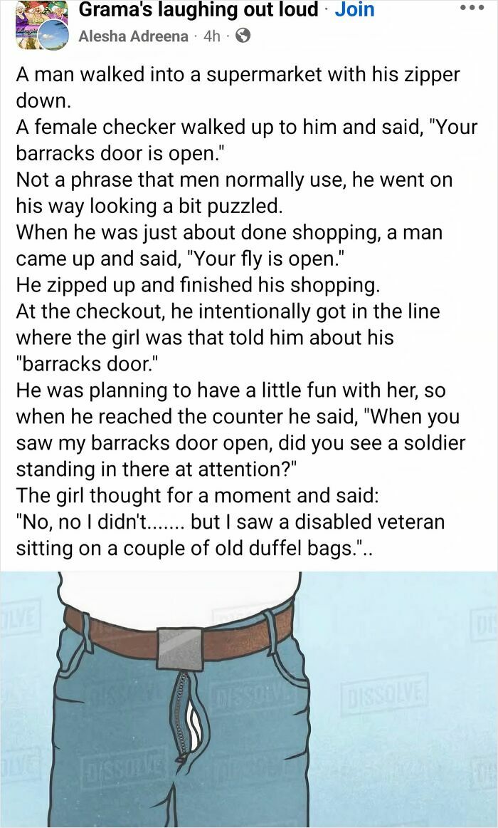 Cringy boomer joke post about a man with an open zipper and a humorous interaction at a supermarket checkout line.