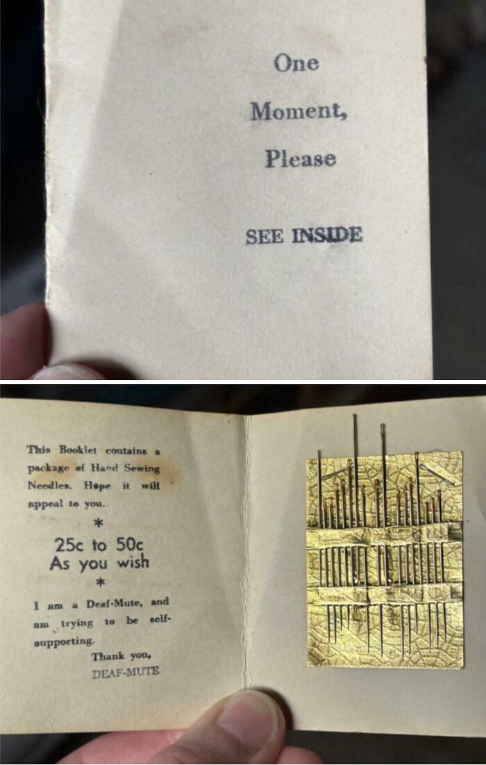 Vintage sewing needle booklet found in an old home, showcasing a unique needle set and handwritten text inside.