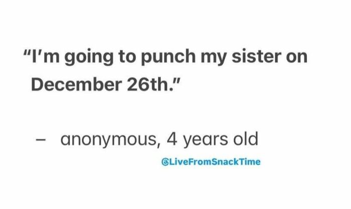 Quote from a 4-year-old child shared by Live From Snack Time about plans involving their sister on December 26th.