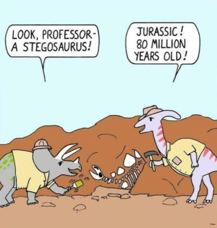Two cartoon dinosaurs in explorer hats examining a stegosaurus fossil for entertaining history lessons memes.
