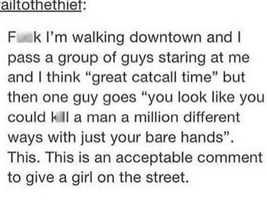 Text screenshot showing a walking downtown encounter described in totally true stories that happened, highlighting an unusual street comment.