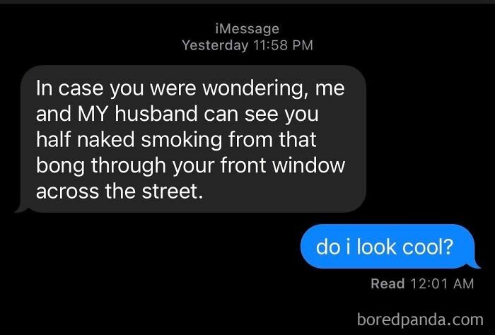 Text message exchange showing someone unbothered while smoking, capturing suspiciously unbothered moments.