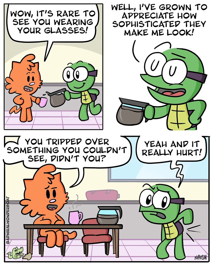Comic strip showing a turtle and cat humorously discussing challenges and friendships over coffee.